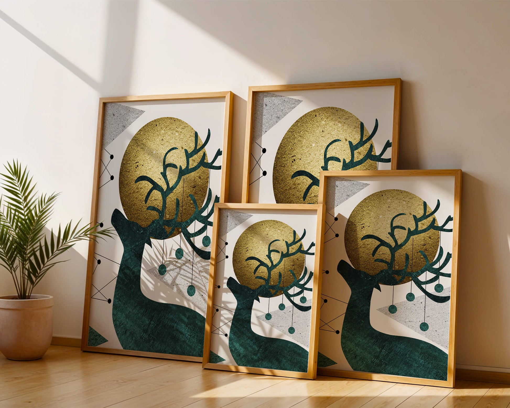 Abstract Geometric Deer with Gold Circle and Modern Design