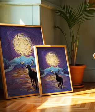 Moose Under Starry Night Sky with Radiant Moon