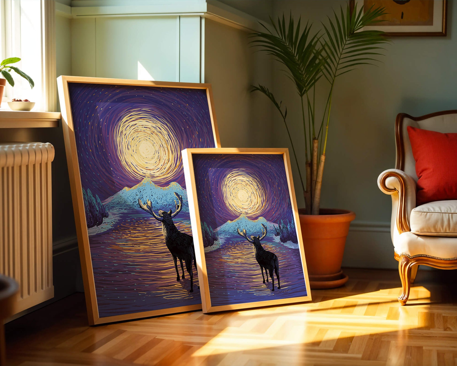Moose Under Starry Night Sky with Radiant Moon