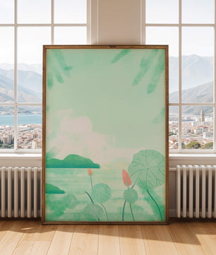 Paisaje de acuarela verde con nenúfares y colinas