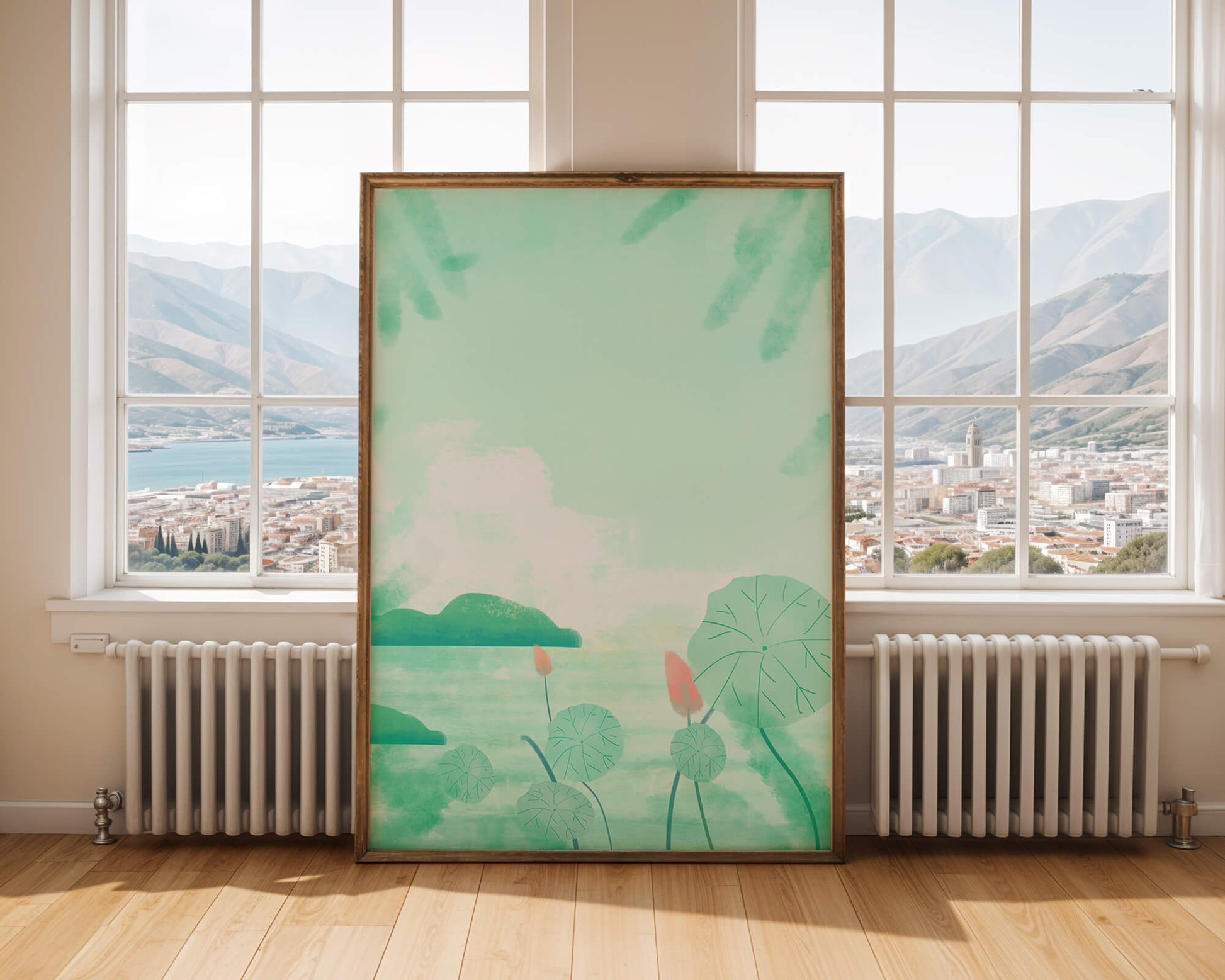 Paisaje de acuarela verde con nenúfares y colinas