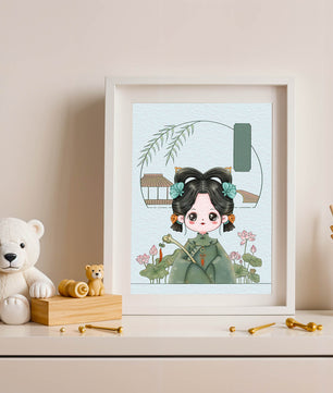 Charming illustration of a cute character in traditional Asian attire with floral elements