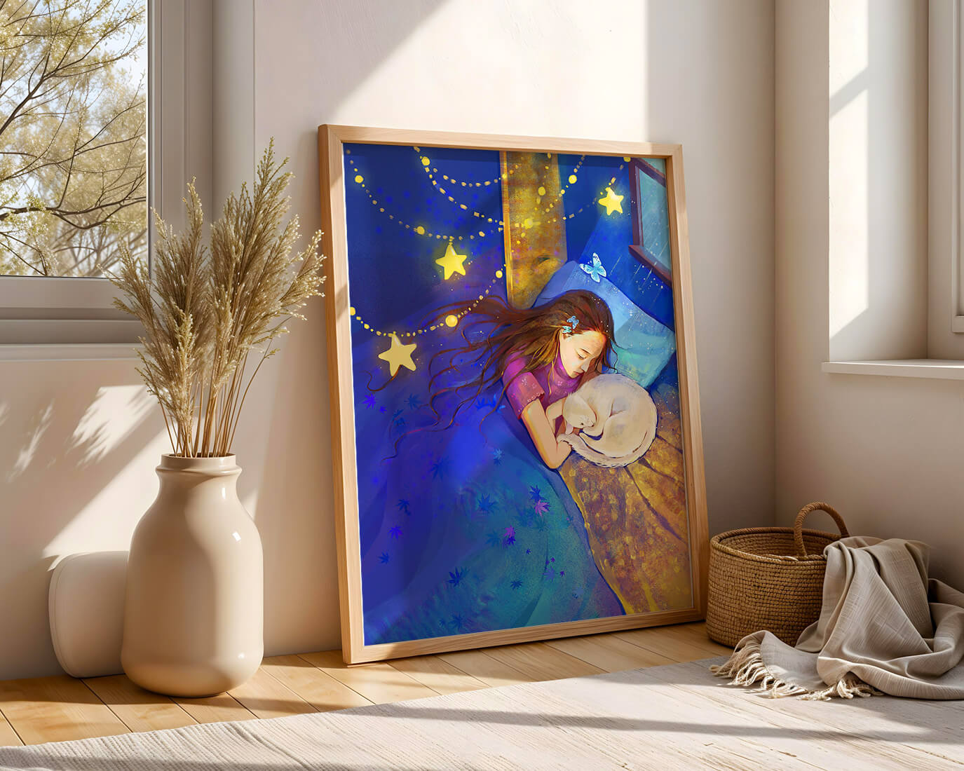 Girl sleeping with cat under starry night sky