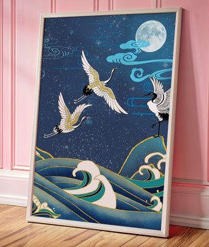 Una escena nocturna serena con grullas y olas al estilo del arte tradicional japonés
