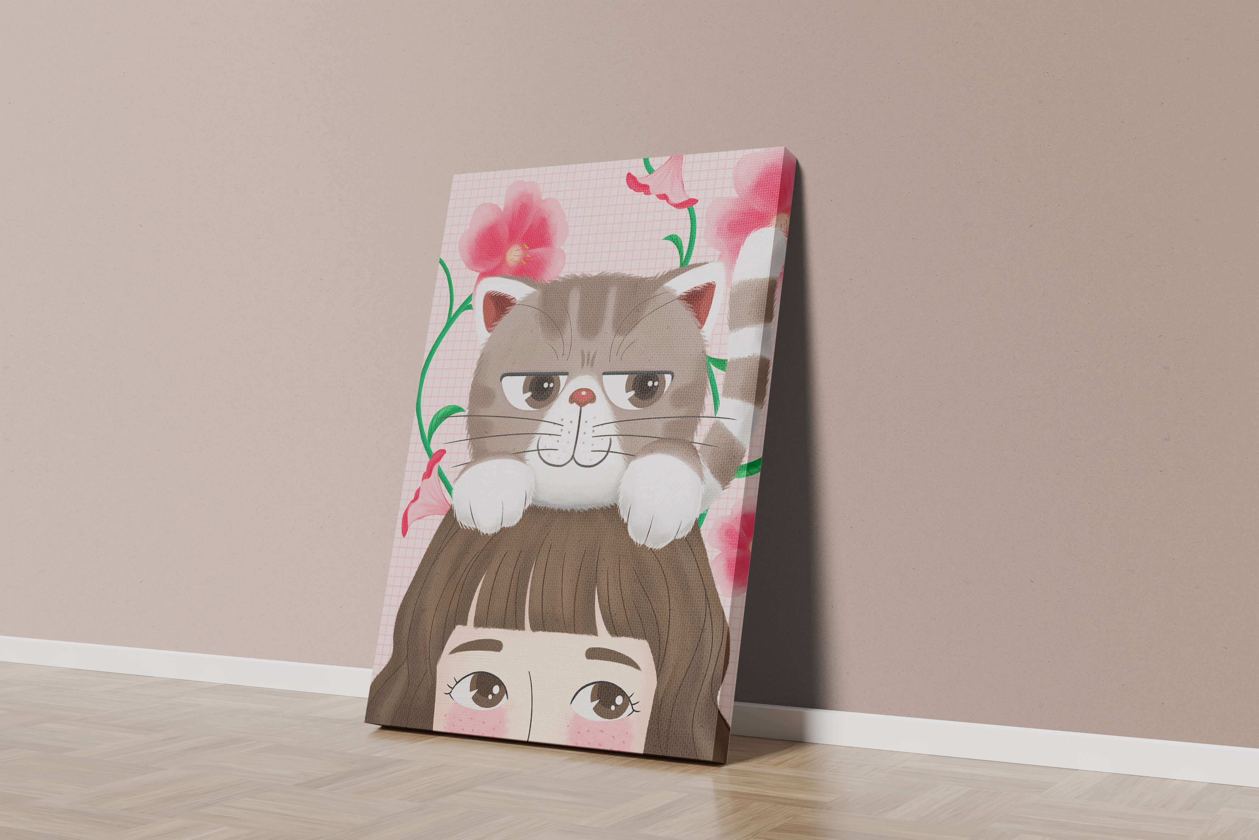 Illustration of a cat sitting on a person's head with pink flowers