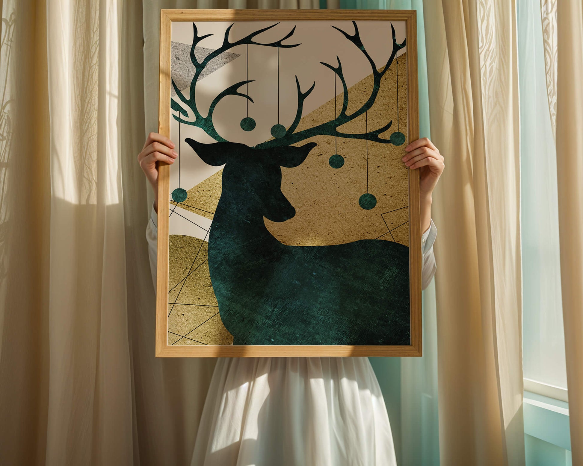 Silhouette of a Deer with Abstract Gold and Green Background