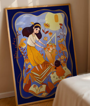 Whimsical illustration with woman and child among books and flowers