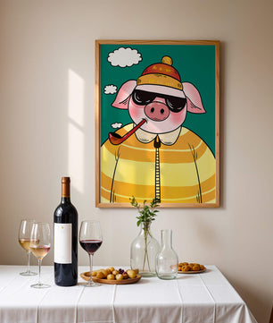 Cerdo elegante con gafas de sol y pipa contra un cielo turquesa