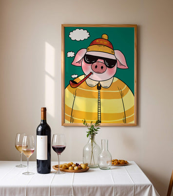 Stylish pig with sunglasses and pipe against a teal sky