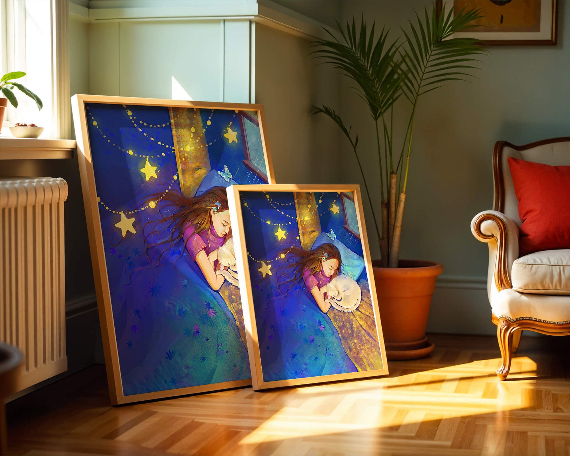 Girl sleeping with cat under starry night sky