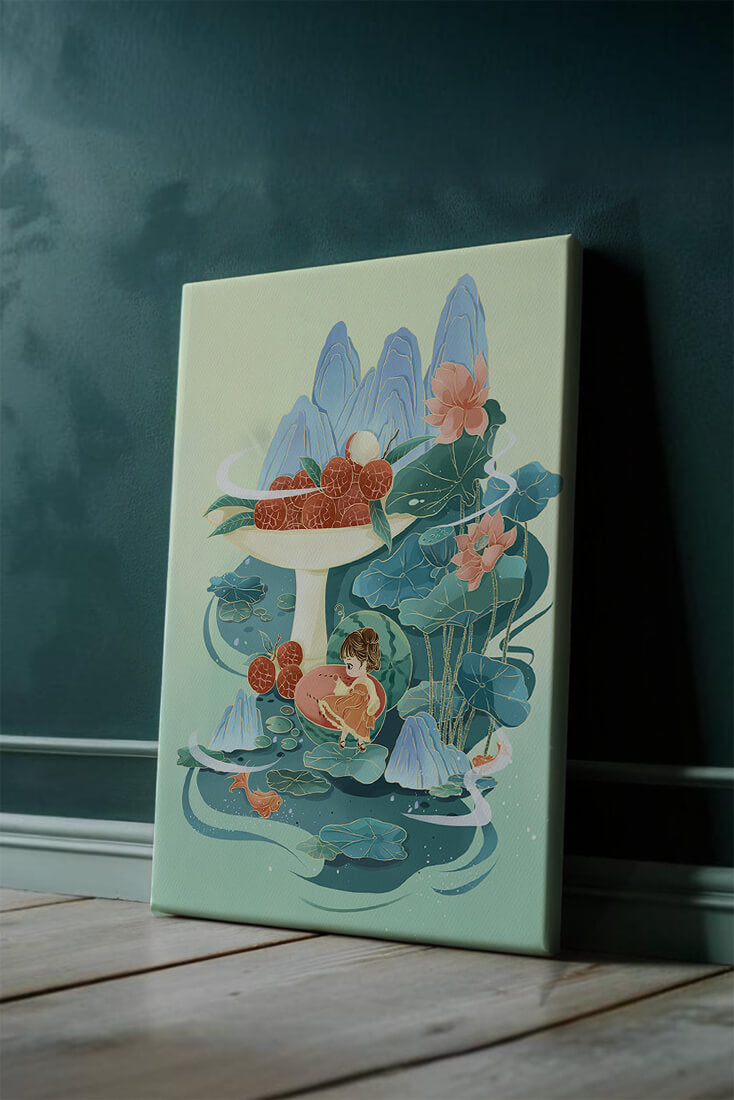 Whimsical illustration with girl, lychee, and lotus flowers