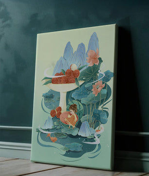 Whimsical illustration with girl, lychee, and lotus flowers