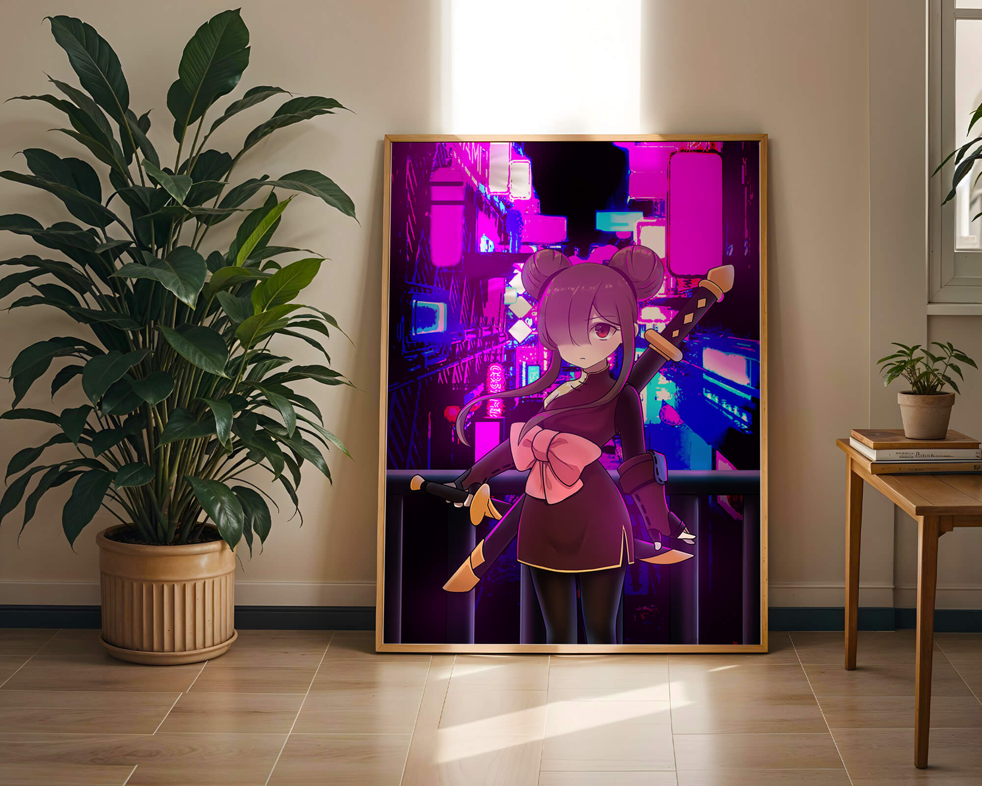 Anime Character with Swords and Neon Cityscape Background