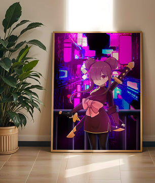 Personaje de anime con espadas y fondo de paisaje urbano neón