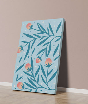 Abstract botanical pattern with colorful flowers and leaves on light blue background