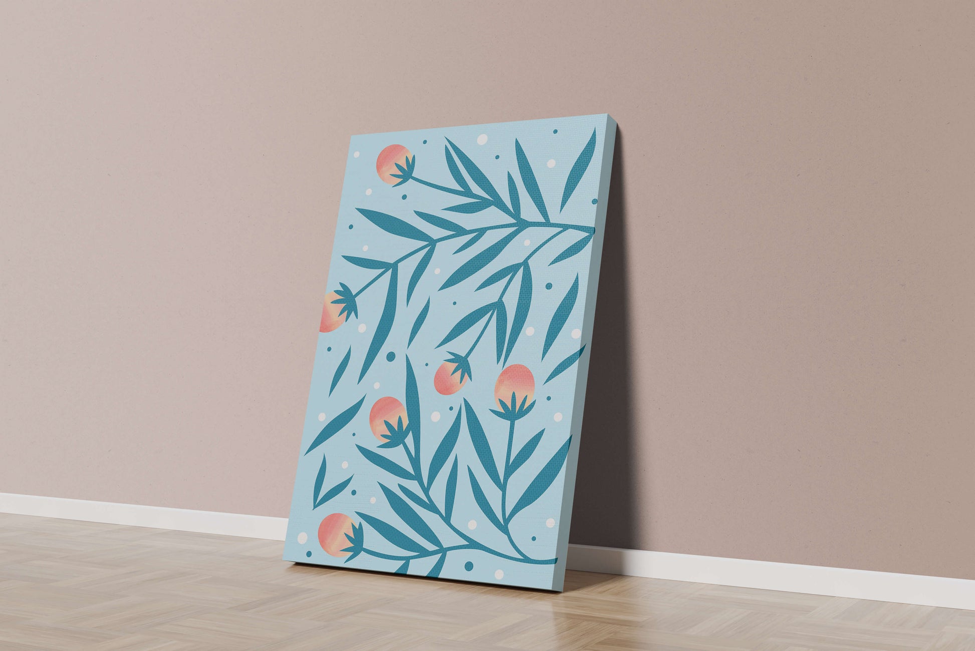 Abstract botanical pattern with colorful flowers and leaves on light blue background