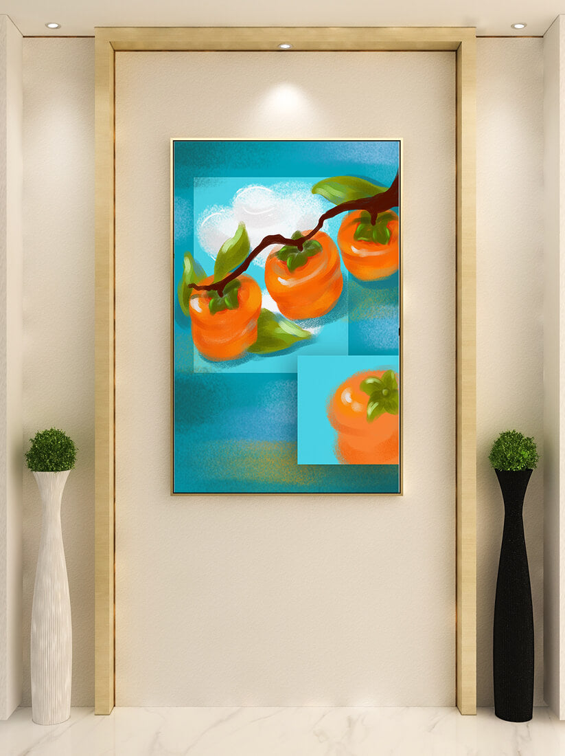 Vibrant persimmons on a branch with a blue background
