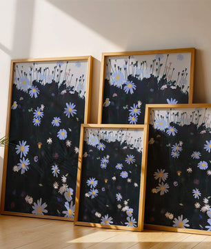Field Of Blue And White Daisies On A Dark Background