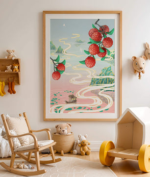 Idyllic Landscape with Lush Lychee Branches and Serene Waterscape