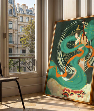 Elegant depiction of traditional musical culture with vibrant flowing ribbons and intricate patterns