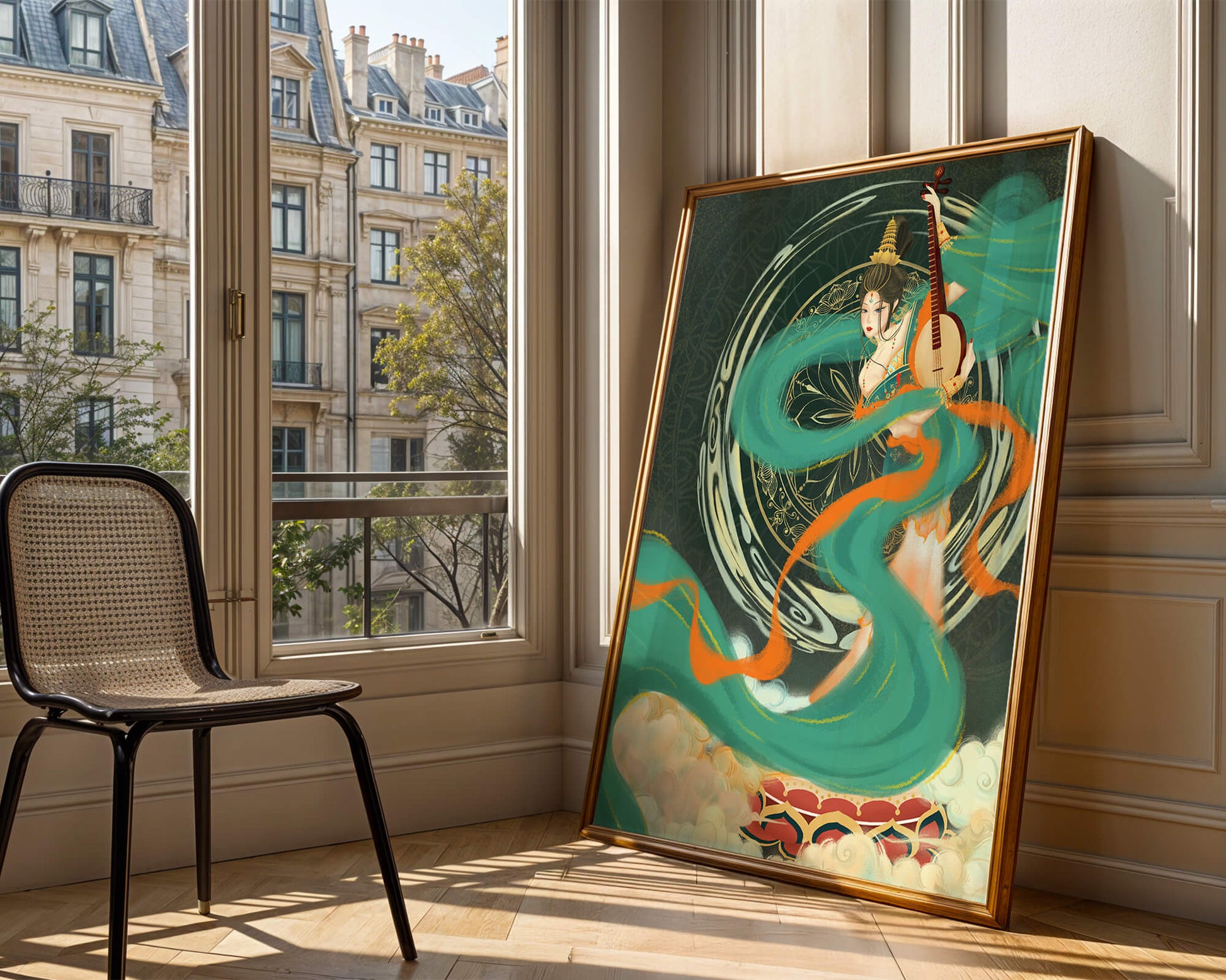 Elegant depiction of traditional musical culture with vibrant flowing ribbons and intricate patterns