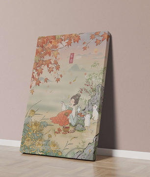 Traditional Chinese painting with autumn scenery and lady sipping tea