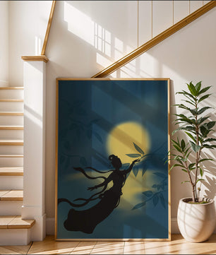 Silhouette of a Woman Reaching for Leaves in Front of a Full Moon