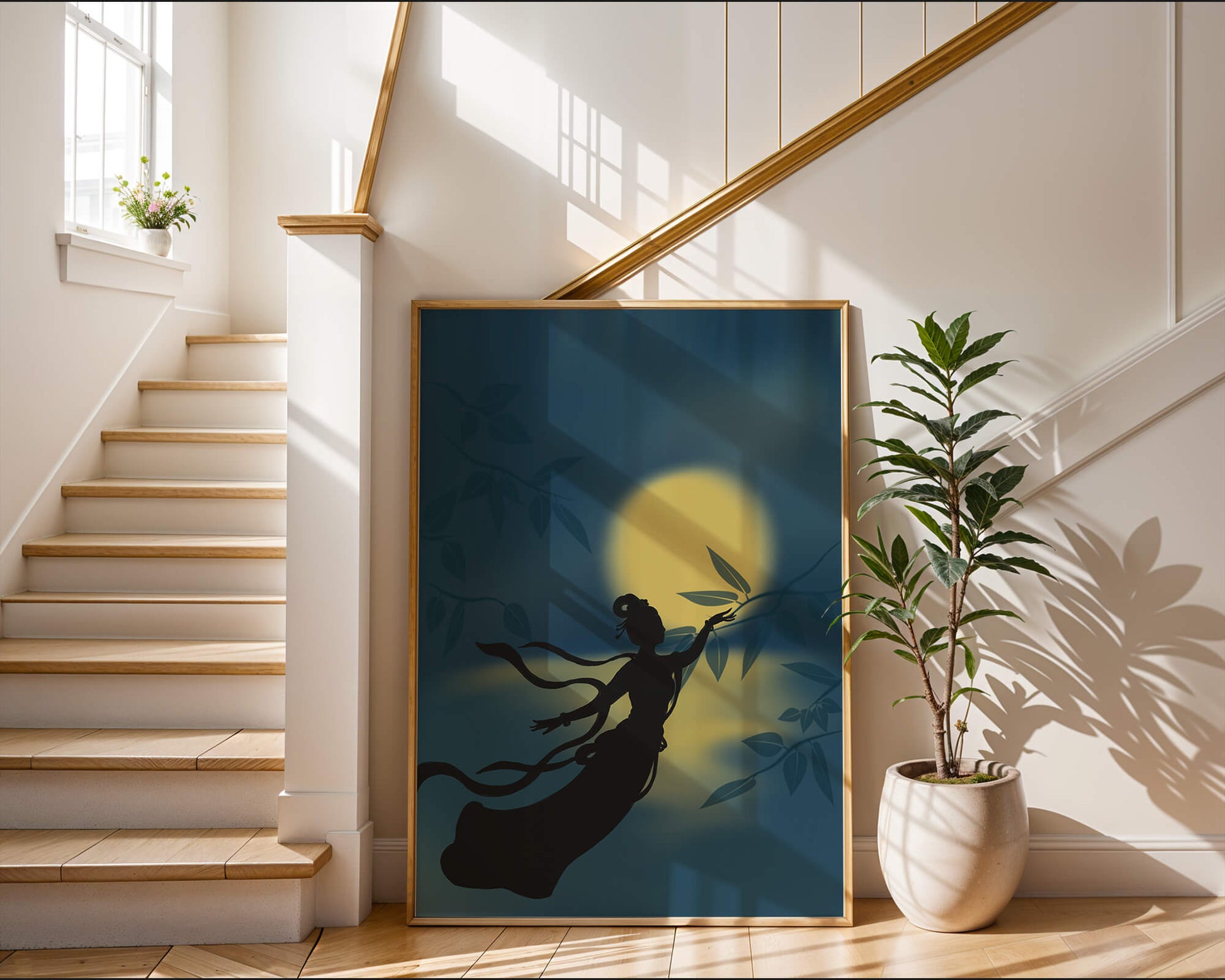 Silhouette of a Woman Reaching for Leaves in Front of a Full Moon
