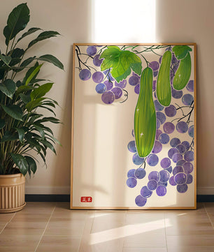 Ilustración de uvas y pepino con colores vibrantes y hojas