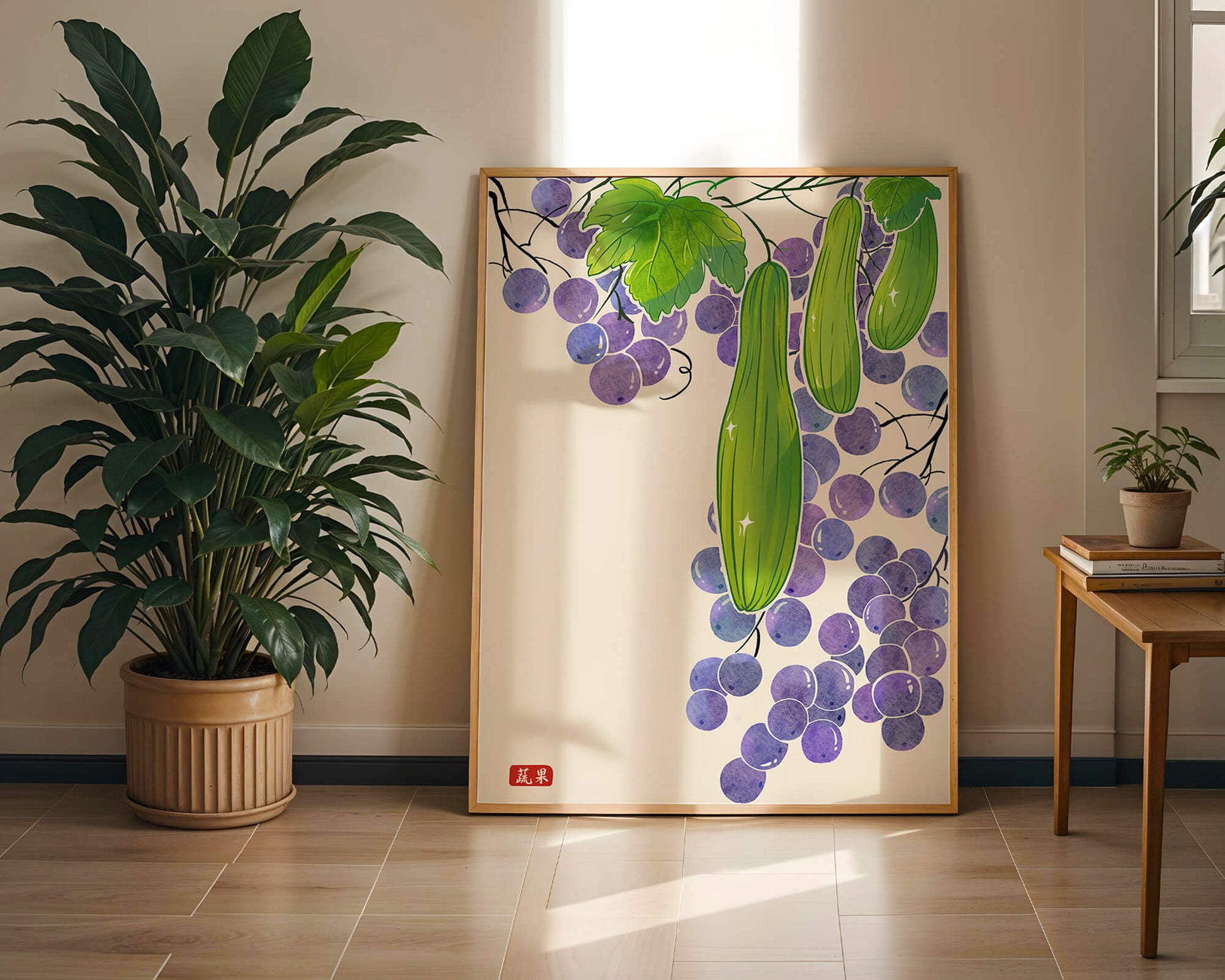 Ilustración de uvas y pepino con colores vibrantes y hojas