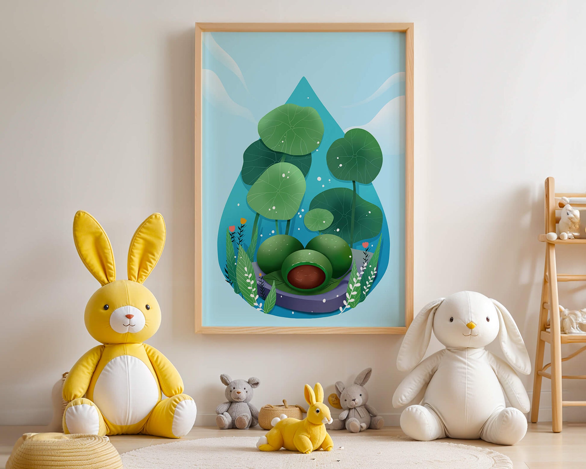 Nature-inspired abstract illustration with leaves and spheres