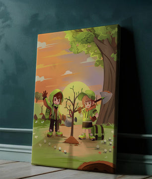 Kinder pflanzen einen Baum in einer lebendigen Sonnenuntergangslandschaft