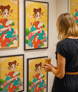 Ilustración oriental que presenta a una chica con atuendo tradicional, un abanico y flores de loto