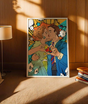 Ilustración de estilo pop art romántico de una pareja besándose con elementos cómicos