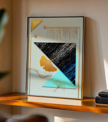 Abstract Composition with Geometric Shapes and Gold Ginkgo Leaves