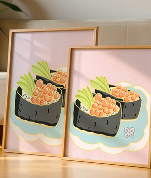 Illustration of sushi rolls with fish roe and avocado on a pastel background