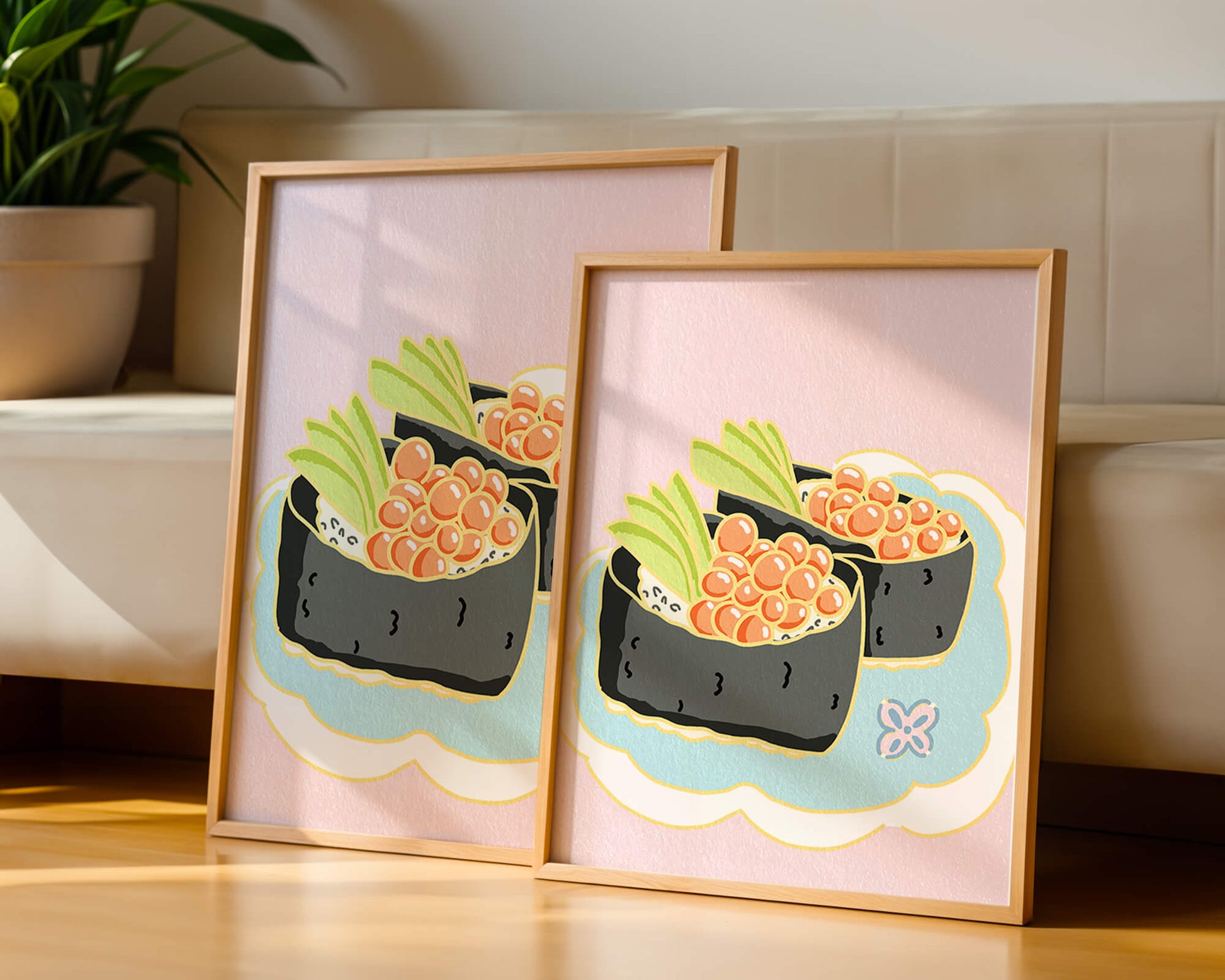 Illustration of sushi rolls with fish roe and avocado on a pastel background