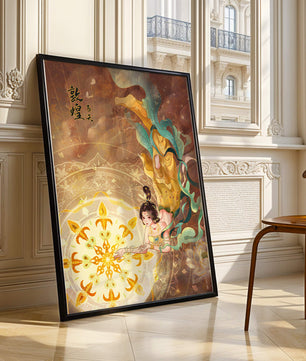 Figura celestial elegante con aura dorada y motivos florales