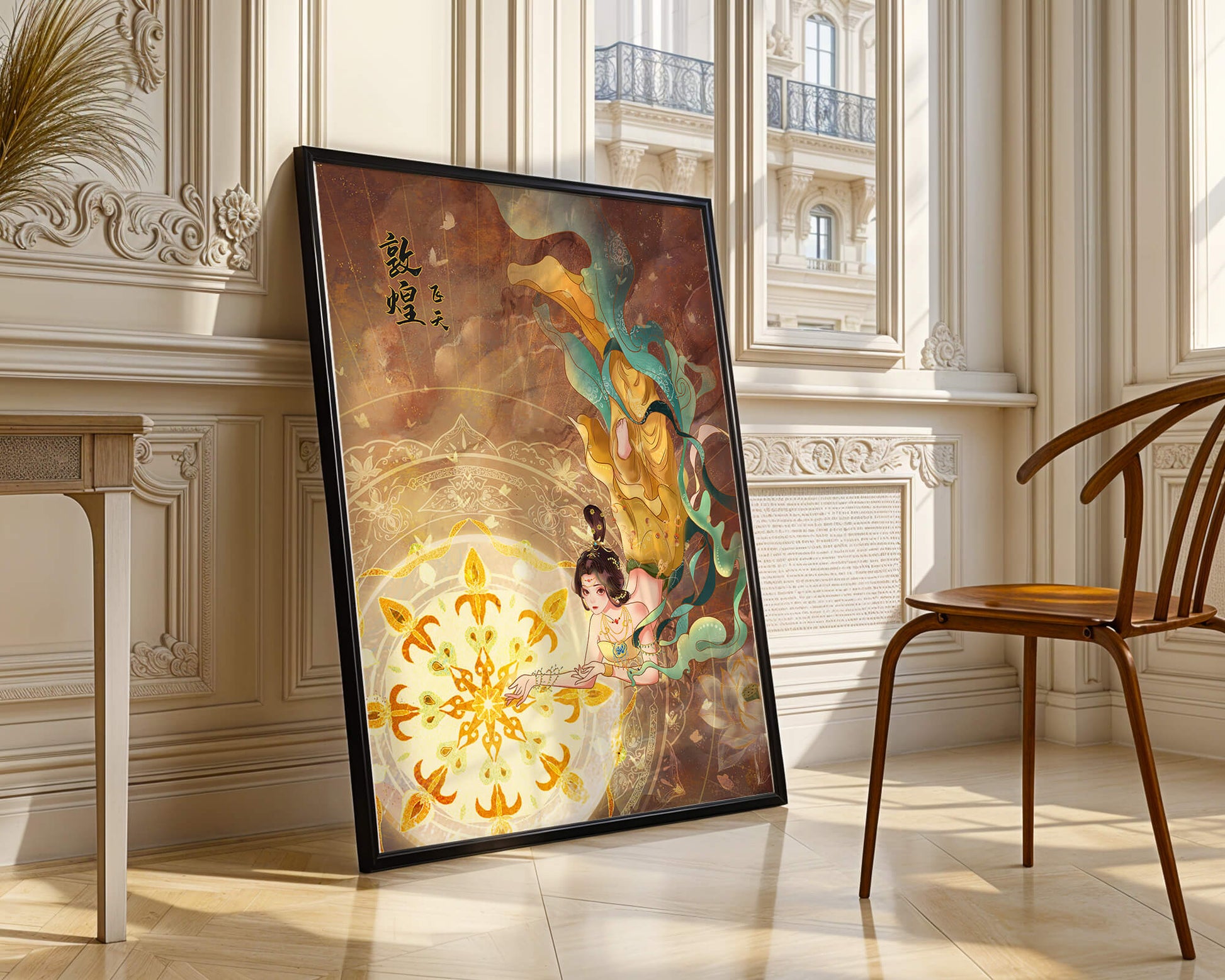 Figura celestial elegante con aura dorada y motivos florales
