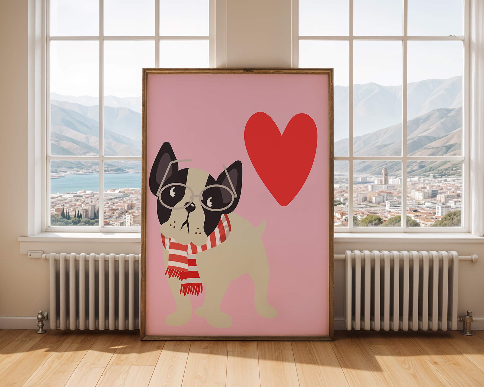Ilustración lúdica de un bulldog francés con gafas y bufanda sobre fondo rosa con corazón