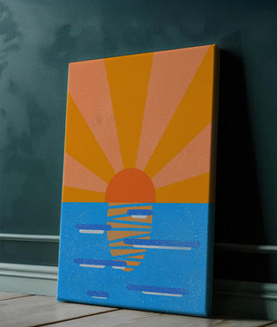 A vibrant sunrise illustration over the ocean with colorful rays