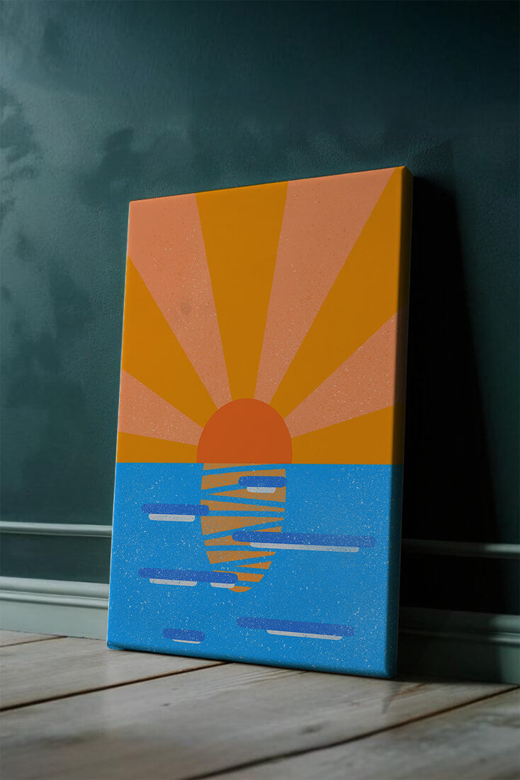 A vibrant sunrise illustration over the ocean with colorful rays