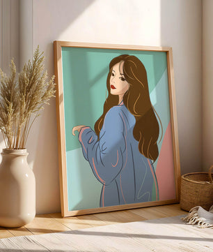 Illustration of woman with long hair and blue jacket