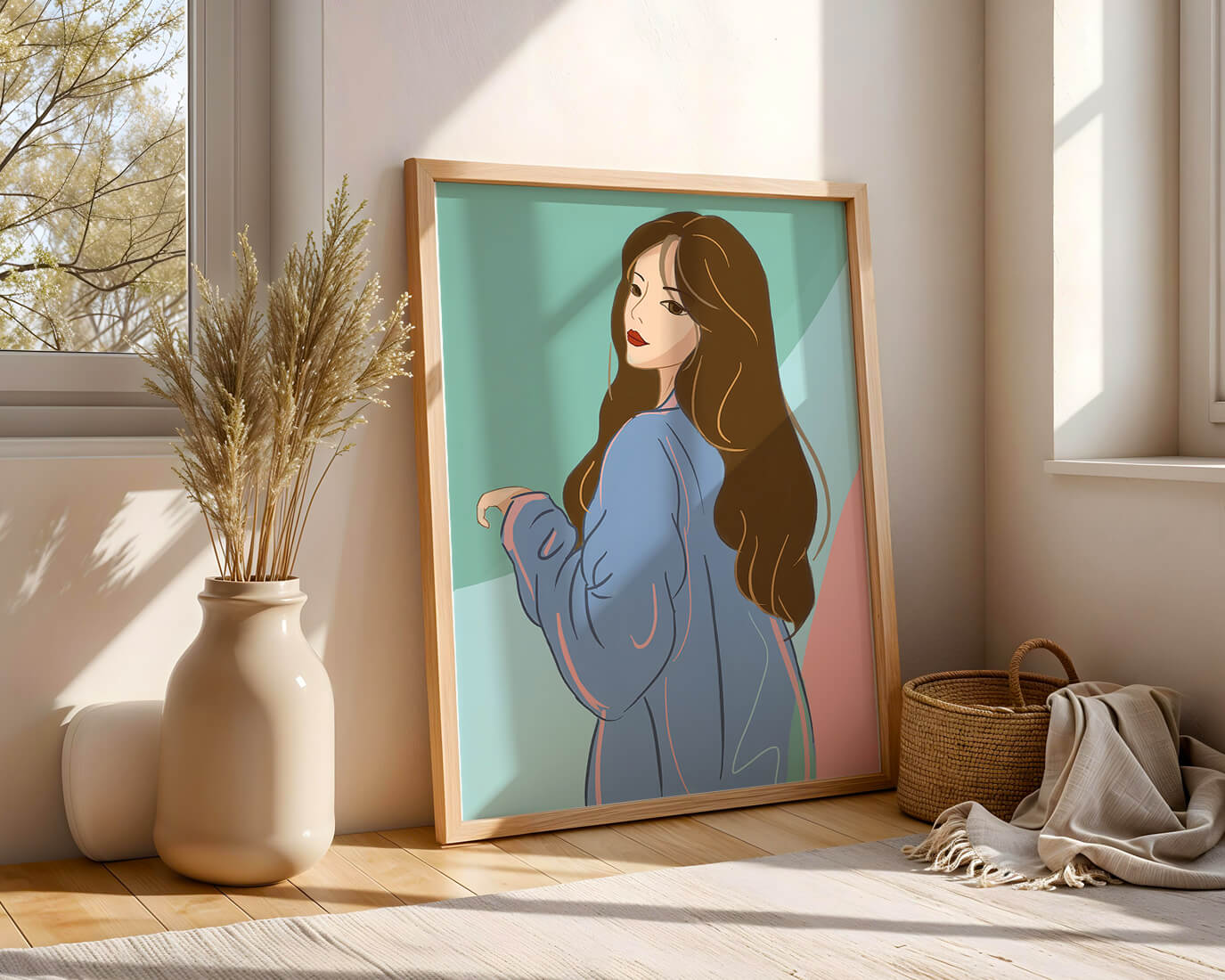 Illustration of woman with long hair and blue jacket