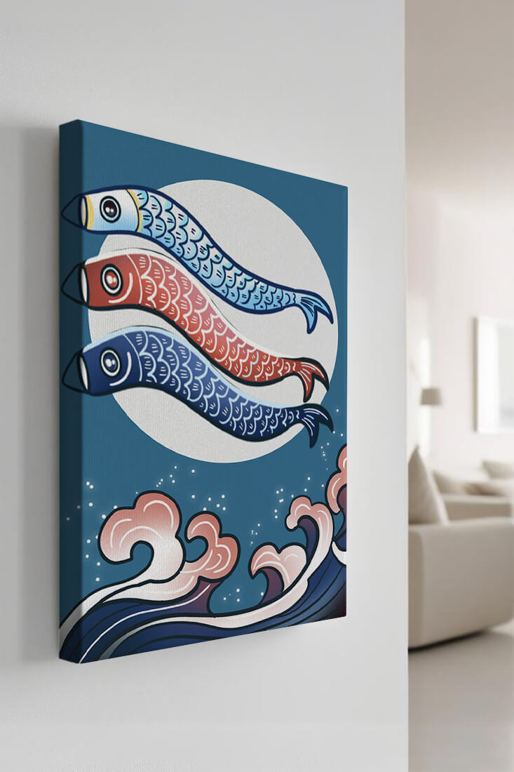 Colorful koi fish kites against a full moon with ocean waves