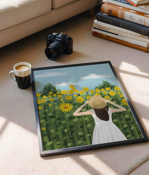 Mujer con vestido blanco admirando un campo de girasoles