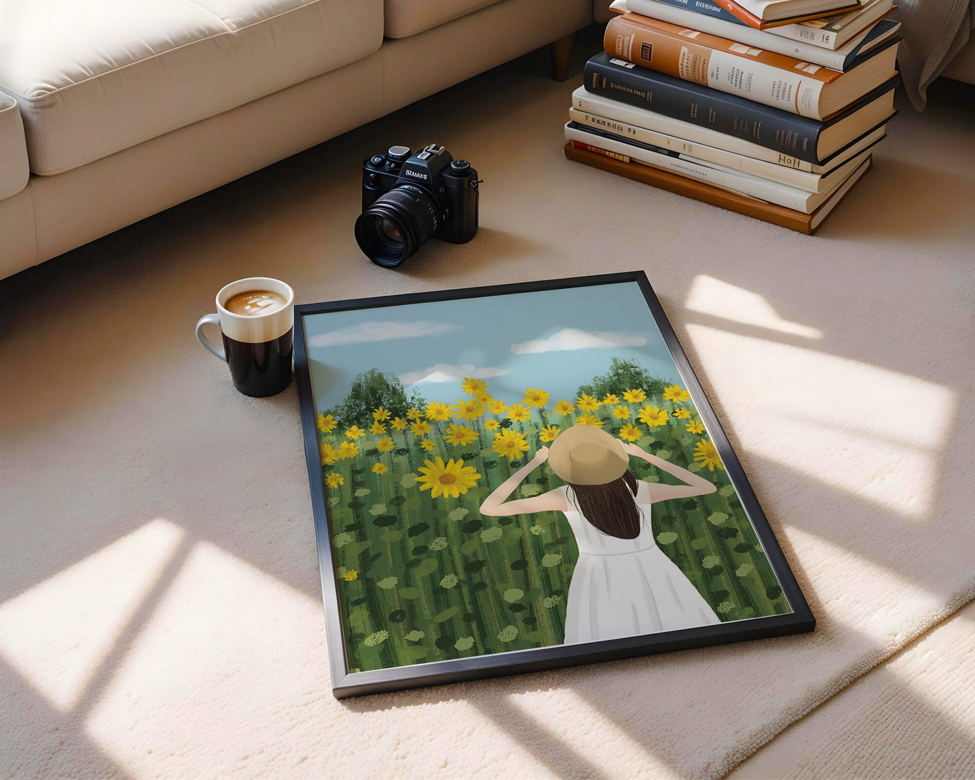 Mujer con vestido blanco admirando un campo de girasoles