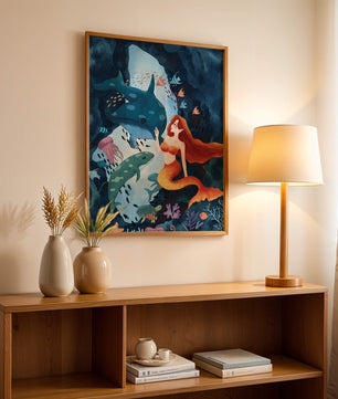 Underwater scene with a mermaid interacting with sea creatures in a vibrant ocean cave