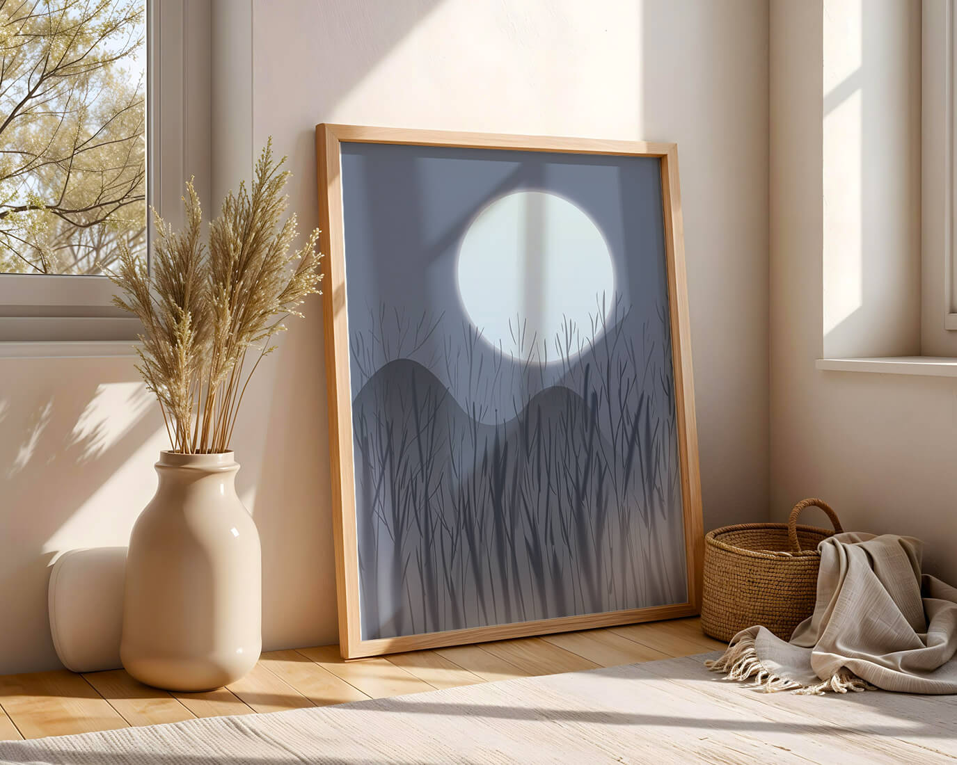 Ruhige Nachtlandschaft mit Vollmond und kahlen Bäumen