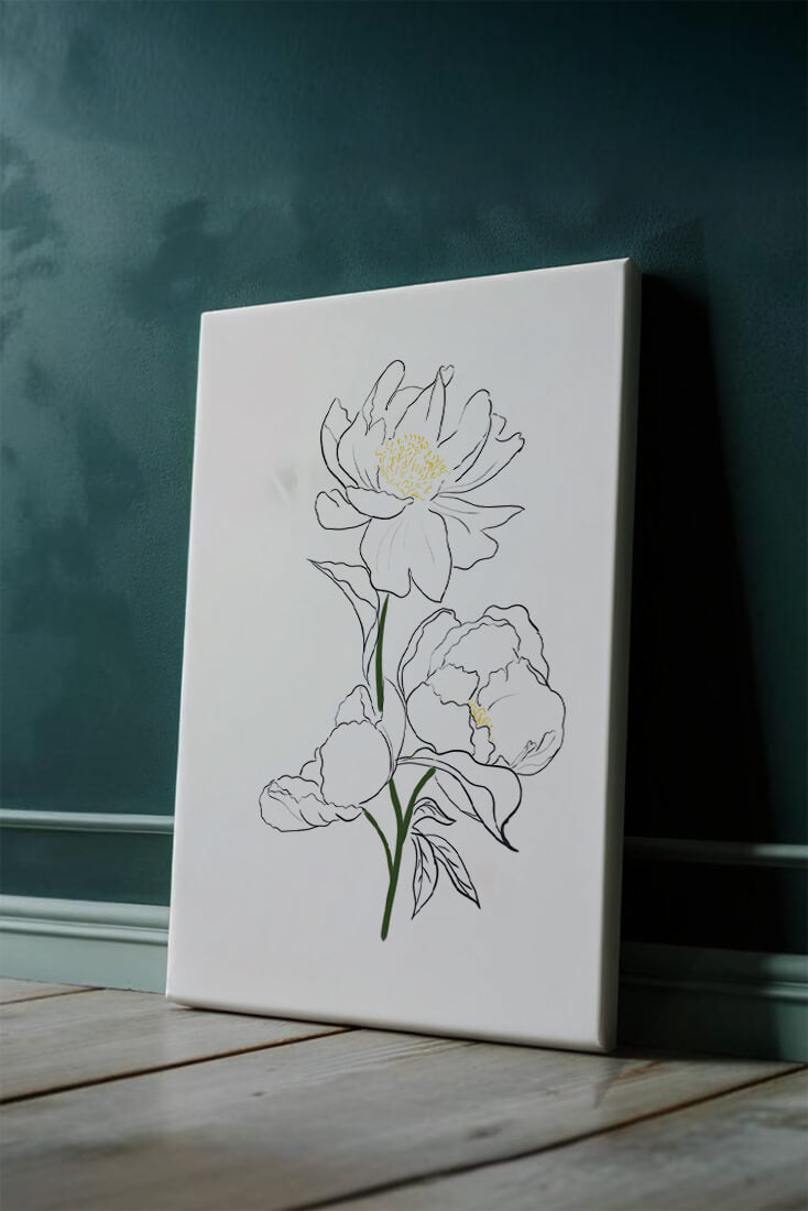 Elegante Pfingstrosen-Linienkunst mit goldenen Akzenten
